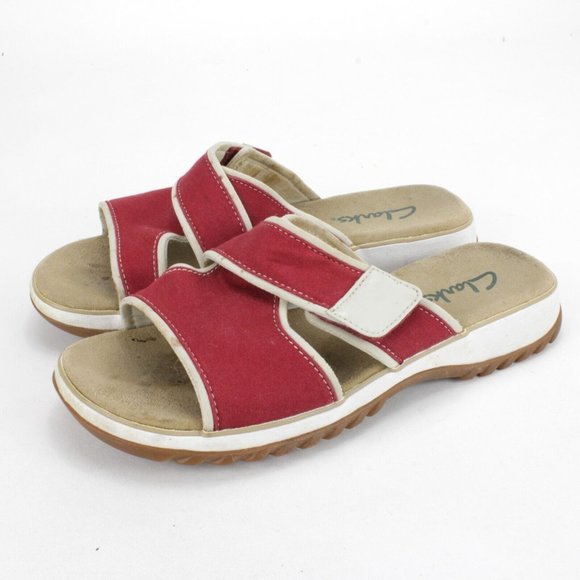Clarks Canvas Slides Open Toe Strappy Sandals Red Womens Size 8M - Picture 1 of 7